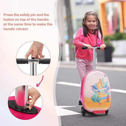 VLIVE Kids Scooter Luggage with Backpack 2-in-1 Set, 30L Ride-On Suitcase + 10L Backpack, Durable EVA Material, Lightweight Foldable, Wheels for Girls Aged 4-8, Mermaid Design