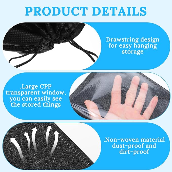 12 Pcs Dustproof Drawstring Bags for Handbags Purse Dust Bags Shoe Bags for Travel Dust Storage Bags Covers String Packing Organizer (Black, 4 Sizes)