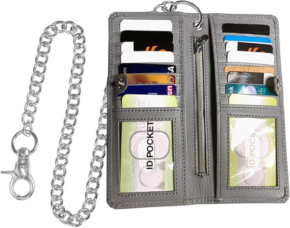 CLASSIC Motorcycle Chain Wallet for Men – Premium Cowhide Leather, RFID Bi-Fold Biker Wallet with Heavy Duty Chain for Bikers Truckers & Hunters, Credit Card Money Organizer Long Wallet Aniline Grey
