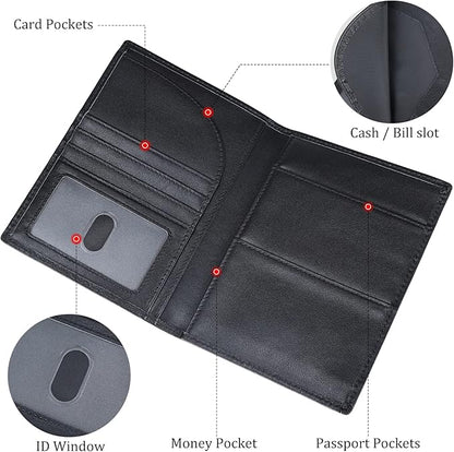 Polare Napa Leather Passport Holder RFID Blocking Travel Bifold Wallet Passport Holders 2 Passports (Black)
