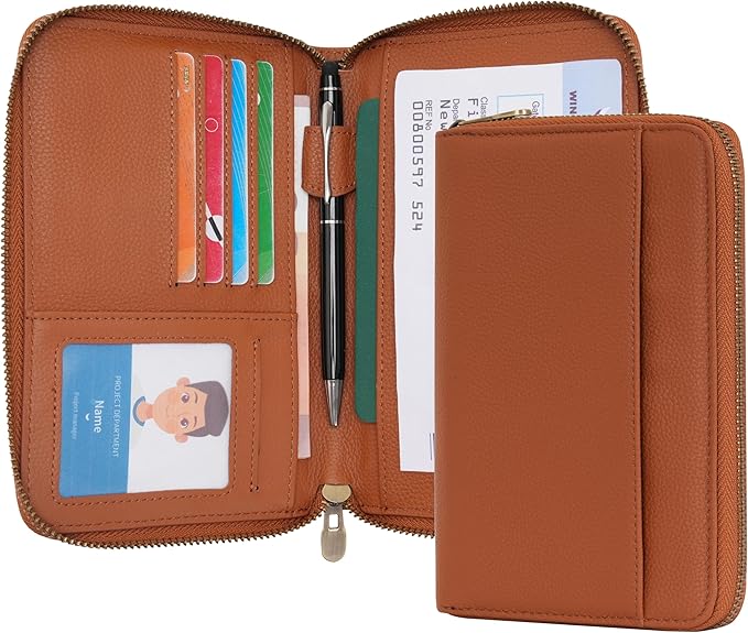WASON Leather Zipper Travel Passport Wallet Holder RFID Blocking Cover, Passport case Pocket Slot for Card, Cash, ID, Boarding Pass and Ticket for Men, Women and Family Trips (Brown)