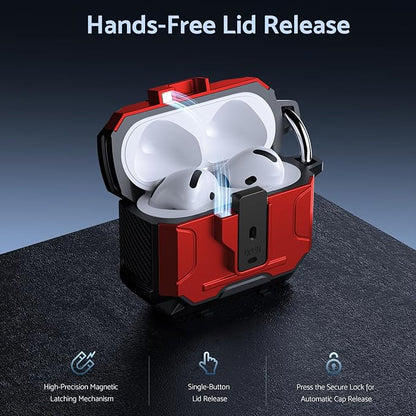 DASFOND Armor Earphone Cover Case for Airpods 4 Generation, Military Grade Full Body Shockproof Protection Hard Case, Support Wireless Charging with Keychain, Magnetic Lid, Front LED Visible, Red