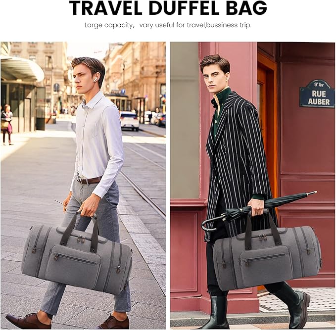 Sucipi Canvas Travel Duffel Bag for Men, Weekend Overnight Bag with Shoe Compartment and Toiletry Bag, Carry-On for Airplanes, Graphite Grey