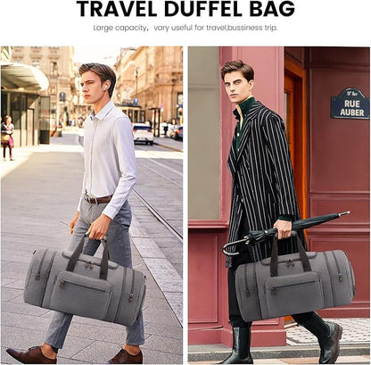 Sucipi Canvas Travel Duffel Bag for Men, Weekend Overnight Bag with Shoe Compartment and Toiletry Bag, Carry-On for Airplanes, Graphite Grey