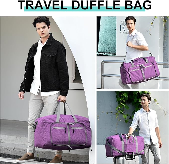 Dimayar 65L Travel Duffle Bag for Men Women - Foldable Duffel Bag with Shoes Compartment - Overnight Bags Waterproof & Tear Resistant(Purple)