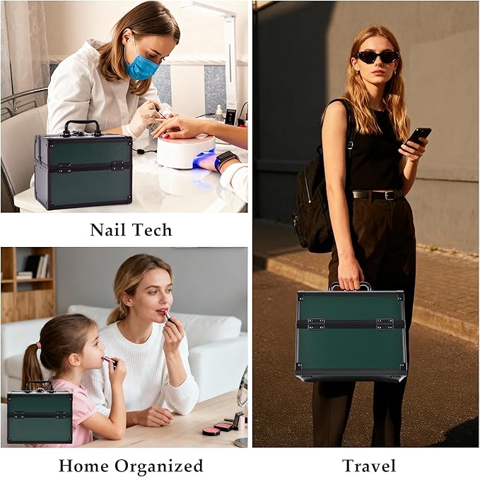 Makeup Train Case, Portable Makeup Case with Mirror, 2-Trays Cosmetic Organizer Case,Nail Polish Organizer, Travel Makeup Box, Profesional for Salon Barber, Green