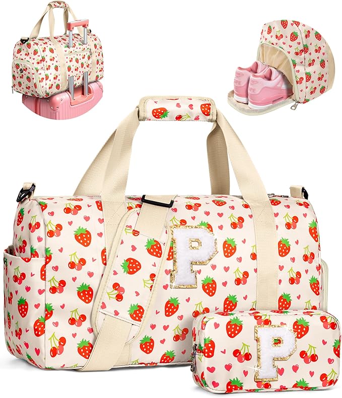 Initial Duffel Bag for Kids, Cute Dance Bag with Shoe Compartment, Girly Gifts for 6 7 8 9 10 11 12 13 Year Old Girls, Wet Separation Waterproof Sports Overnight Travel Bag, Teen Girl Gifts