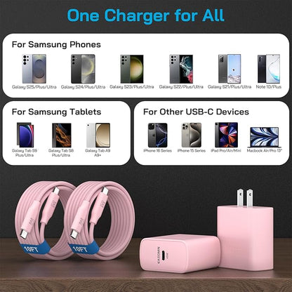 45W Super Fast Charger Type C, [2 Pack] 45 Watt USB-C Charger PD/PPS Wall Charging Block for Samsung Galaxy S25 Ultra/S24/S23 Ultra/S23+/S22 Ultra/S22+/S20 Ultra, Tab S8(Pink, with 2X 10ft Cable)