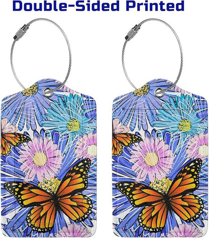 Set of 2 Artistic Flowers Luggage Tags with Butterfly Pattern, Pretty Suitcase Tag Privacy Name ID Card Pink Blue Floral Travel Bag Labels with Stainless Steel Loop for Women Girls Kids Adult