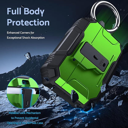 DASFOND Armor Earphone Cover Case for Airpods Pro 3, Military Grade Full Body Shockproof Protection Hard Case, Support Wireless Charging with Keychain, Magnetic Lid, Front LED Visible, Green
