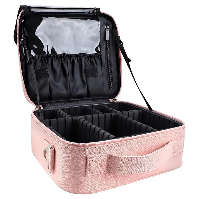 gzcz Travel Makeup Bag,Professional Cosmetic Bags for Women,Portable Makeup Brush Bag Organizer Storage with Adjustable Dividers and Shoulder Strap