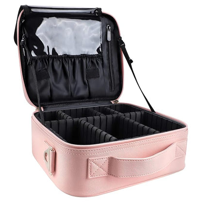 gzcz Travel Makeup Bag,Professional Cosmetic Bags for Women,Portable Makeup Brush Bag Organizer Storage with Adjustable Dividers and Shoulder Strap