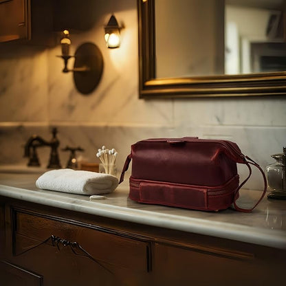 LEATHER VILLAGE Genuine Leather Dopp Kit – Large Travel Toiletry Bag with Waterproof Lining, Dual-Zip Design for Men & Women, Organizer for Shaving, Makeup & Essentials - Cherry