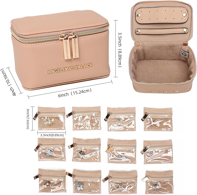 Angelina's Palace Jewelry Organizer Case Bridesmaid Gifts Travel Bag Vegan Leather Box for Necklace Earring Bracelet Ring(light fawn)