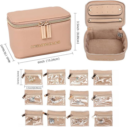 Angelina's Palace Jewelry Organizer Case Bridesmaid Gifts Travel Bag Vegan Leather Box for Necklace Earring Bracelet Ring(light fawn)
