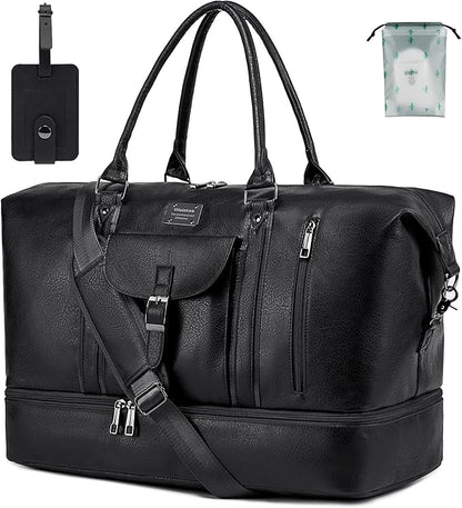 weiatas Faux Leather Travel Duffel Bag for Women Men, Large Weekender Overnight Bag with Shoes Compartment, Waterproof Carry On Bag Travel Tote Bag Gym Bag with Luggage Strap (Black)