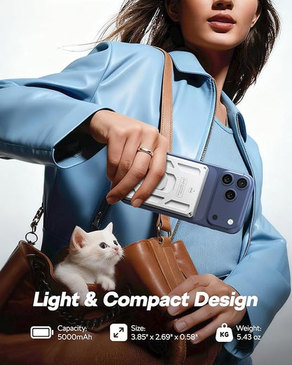 VEGER Portable Charger, Magnetic Power Bank with Phone Stand, Card Slot RFID Blocking, Global Tracking, 20W USB-C Fast Charging Powerbank, 15W Wireless Battery Pack for iPhone17/16/15/14/13/12 White