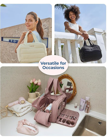 BAGSMART Travel Toiletry Bag, Lightweight Large Wide-open Travel Bag for Women, Puffy Cosmetic Makeup Bag Organizer with Handle for Accessories,Essentials, Toiletries, Dark Pink