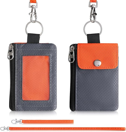 Minimalist Wallet For Mens Womens, Keychain RFID Blocking Zipper Small Wallet with ID Window 2 Lanyards,Water Resistant Travel Cash Card Coin Case Boys Girls