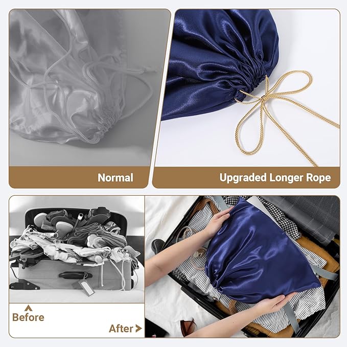 Ewen 7 Pack Small Medium Large Dustproof Satin Drawstring Bags with Blank Tags, Travel Packing Bags with Tag for Purse Organizer Home Organization Storage, Dark Blue Dustbags for Handbags Shoes Closet