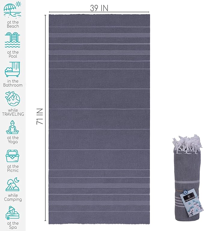 Turkish Beach Towel, Prewashed, 100% Cotton, Soft, Absorbent, Quick Dry, Sand Free Large Oversize Beach Towels for Bathroom Camping Yoga Gym Pool Travel Size 39x71 Inches (Gray)