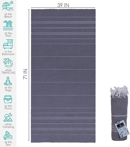 Turkish Beach Towel, Prewashed, 100% Cotton, Soft, Absorbent, Quick Dry, Sand Free Large Oversize Beach Towels for Bathroom Camping Yoga Gym Pool Travel Size 39x71 Inches (Gray)