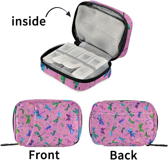 Deep Pink Dragonflies and Leaves Travel Pill Organizer Case Box Container Weekly Portable Vitamin Medicine Holder Storage Bag with Zipper Removable