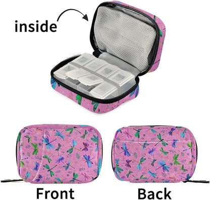 Deep Pink Dragonflies and Leaves Travel Pill Organizer Case Box Container Weekly Portable Vitamin Medicine Holder Storage Bag with Zipper Removable
