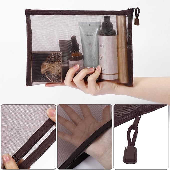 12 Pieces Zipper Nylon Mesh Pouch, Mesh Cosmetic Bags Makeup Bags Pencil Case, Multipurpose Travel Bags for Cosmetic School Office Supplies and Travel Accessories (Coffee, A5+B6)
