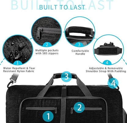 Vomgomfom 65L/85L/115L Foldable Travel Duffle Bag, Lightweight Checked Luggage with Shoe Compartment, Water-Resistant Weekender Overnight Bag for Men & Women