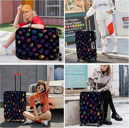 ANNA QUEEN Glow in the Dark Paw Prints Luggage Cover, Vibrant Rainbow Paw Design, Stretchable, Washable Travel Protector for 20-34 Inch Suitcases