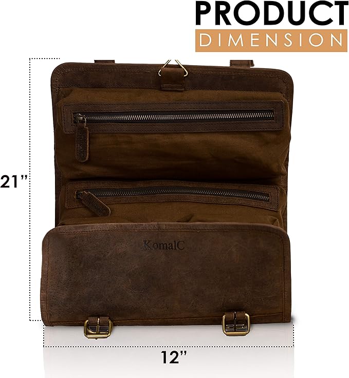 KomalC Premium Buffalo Leather Hanging Toiletry Bag Travel Dopp Kit