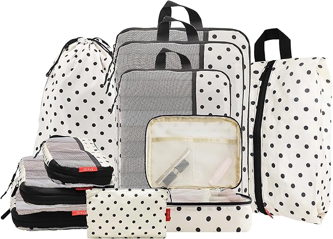 U+U 10 Set Compression Packing Cubes - Ultralight Travel Organizers with Laundry Bag and Cosmetic Bag, Space-Saving Suitcase Organizer for Travel, Business Trip and Family Vacation (Polka Dot)