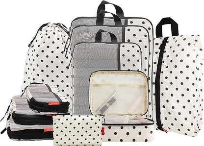 U+U 10 Set Compression Packing Cubes - Ultralight Travel Organizers with Laundry Bag and Cosmetic Bag, Space-Saving Suitcase Organizer for Travel, Business Trip and Family Vacation (Polka Dot)