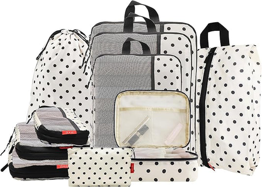 U+U 10 Set Compression Packing Cubes - Ultralight Travel Organizers with Laundry Bag and Cosmetic Bag, Space-Saving Suitcase Organizer for Travel, Business Trip and Family Vacation (Polka Dot)