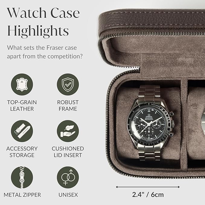 TAWBURY Watch Case - 3 Slot Genuine Top-Grain Leather Watch Travel Case for Men & Women with Metal Zipper and Extra Wide Pillows for Large Watches (Brown)