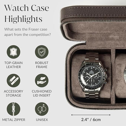 TAWBURY Watch Case - 3 Slot Genuine Top-Grain Leather Watch Travel Case for Men & Women with Metal Zipper and Extra Wide Pillows for Large Watches (Brown)