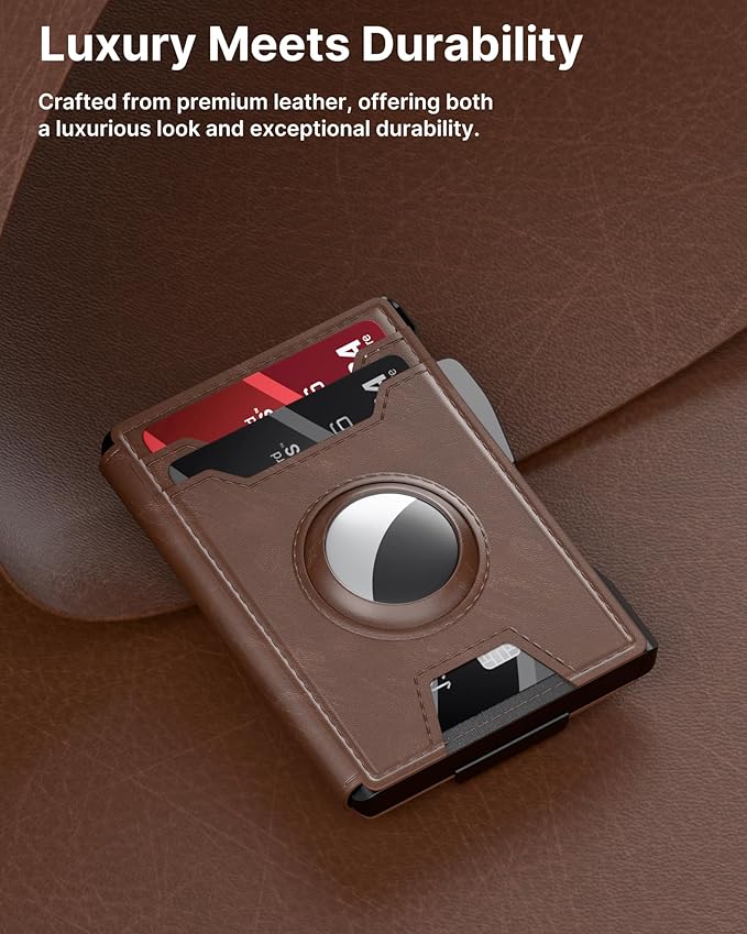 typecase AirTag Wallet for Men: Pop Up Card Case, Secure Holder for Apple Air Tag, Premium Leather, Smart, RFID Blocking, Slim, Minimalist, Thin, 13 Cards Capacitiy | ID Window | Money Clip (Brown)
