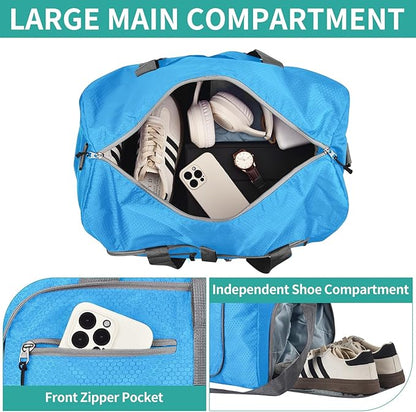 Dimayar Travel Duffle Bag for Men Women - Foldable Duffel Bag with Shoes Compartment - Overnight Bags Waterproof & Tear Resistant(65L,Light Blue)