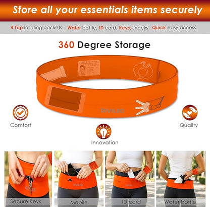 Reflective Running Belt Set – Sweat-Resistant Fanny Pack for Women & Men with Sweatband & Wristband – Phone Holder Waist Pouch for Gym, Travel, Marathon – S/M/L Sizes (Orange, Large)