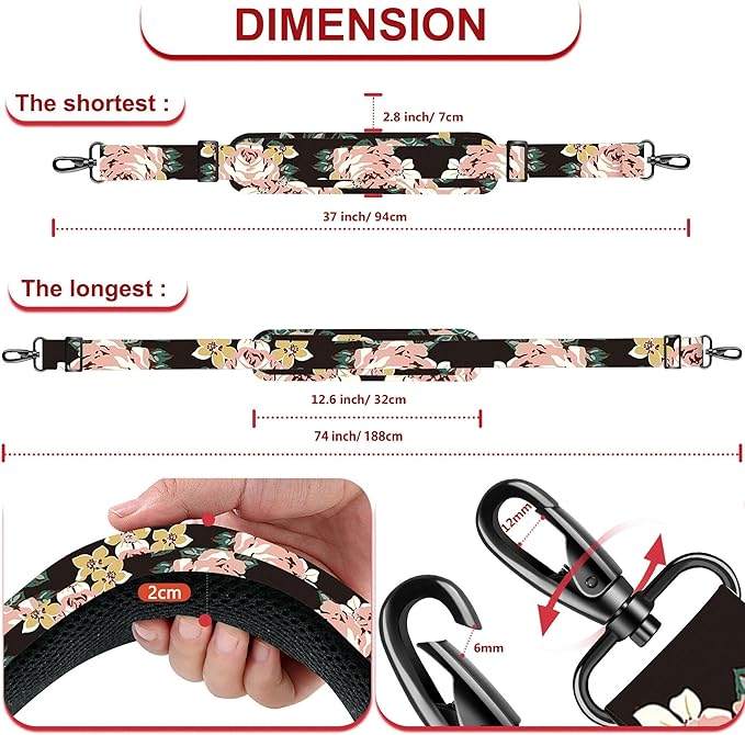 ZINZ 74" Shoulder Strap with Fixed Pad and Dual Balanced Buckles，Black Flowers