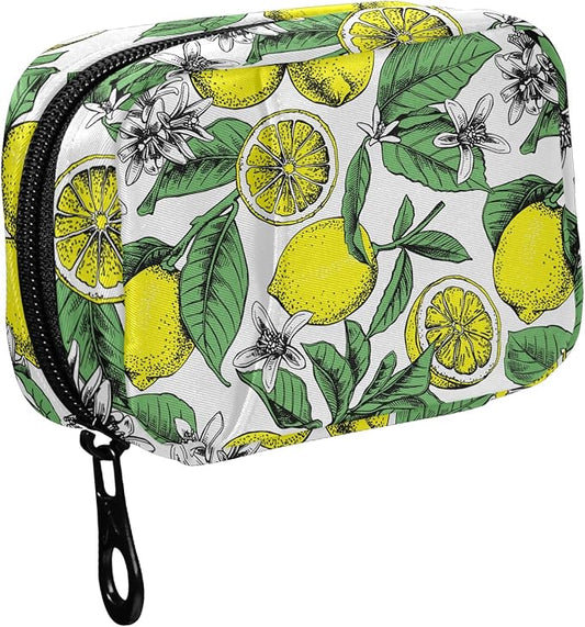 Fustylead Lemons Leaves Floral Pill Organizer Travel Portable Zipper Cloth Bag for Holding Weekly Supplements Vitamins and Fish Oils