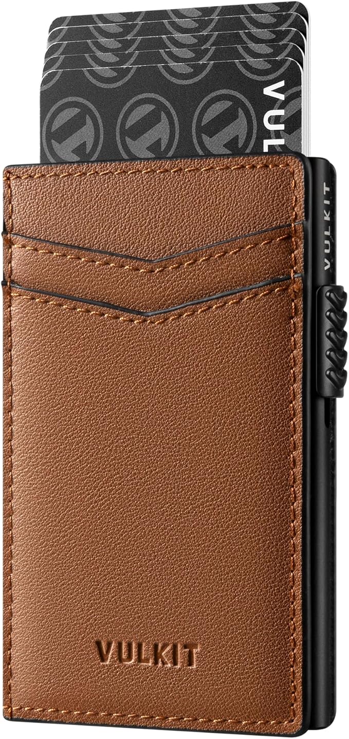 VULKIT Men's Slim Wallet Pop Up Card Holder RFID Blocking Metal Wallet Minimalist Design Holds Up to 11 Cards, Nappa Leather
