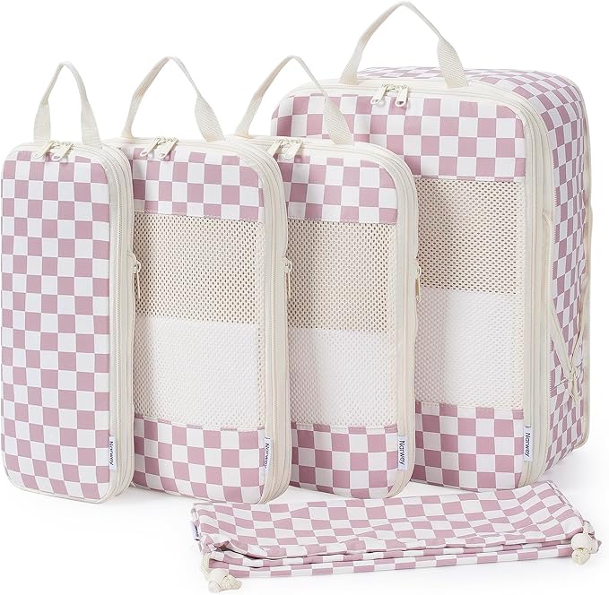 Narwey 5 Set Compression Packing Cubes for Travel, Luggage Packing Organizer Bags for Carry on Suitcase, Expandable Checkered Storage Bags with Laundry & Handle (Dusty Pink Checkerboard)