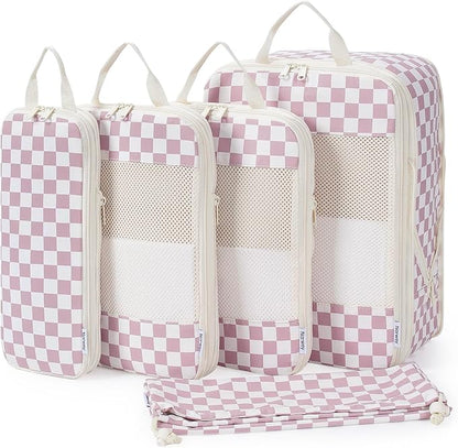Narwey 5 Set Compression Packing Cubes for Travel, Luggage Packing Organizer Bags for Carry on Suitcase, Expandable Checkered Storage Bags with Laundry & Handle (Dusty Pink Checkerboard)