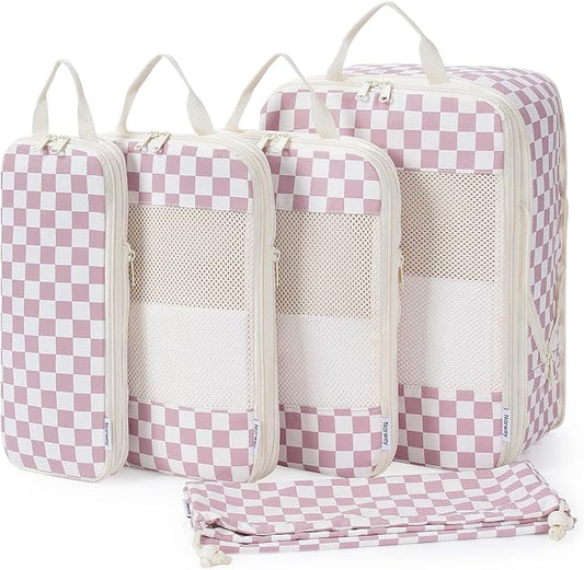 Narwey 5 Set Compression Packing Cubes for Travel, Luggage Packing Organizer Bags for Carry on Suitcase, Expandable Checkered Storage Bags with Laundry & Handle (Dusty Pink Checkerboard)