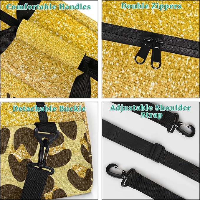 Personalized Kids Sports Duffel Bag with Name Custom Weekender Overnight Bag for Boys Girls Gym Bag Travel Dance Gymnastics Duffel Bag, Golden Glitter Leopard Print