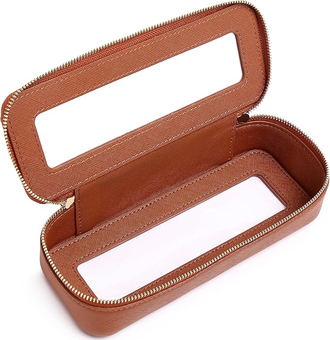 Pinkmik Makeup Brush Bag Slim Clear Makeup Bag Transparent Travel Cosmetic Case & Toiletry Bag with Zipper Small Beatuy Makeup Bag Purse Organizer for Women (X/Brown, SLIM)