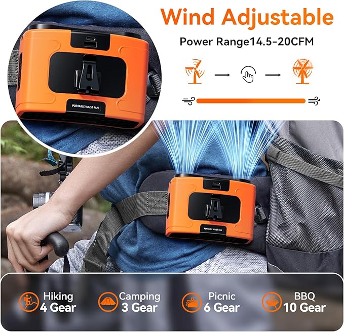 10000mAh Personal Waist Fan, USB Rechargeable Clip The Waist For Working,10 Speed & 40H Cooling and Heatstroke Prevention For Outdoor Travel Camping (K60-orange)