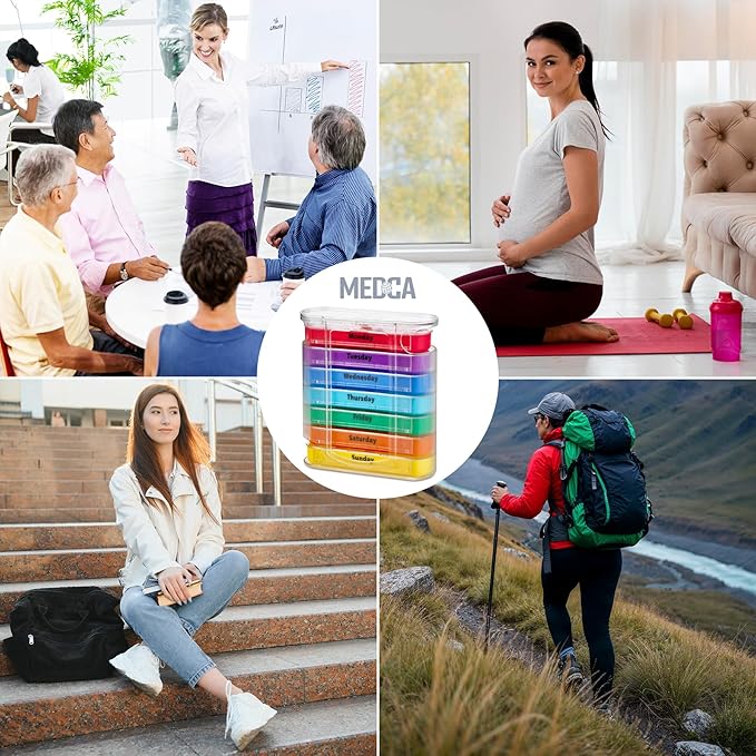 MEDca Weekly Pill Organizer, Four Times-a-Day, 1 Dispenser with Stackable AM/PM Compartments